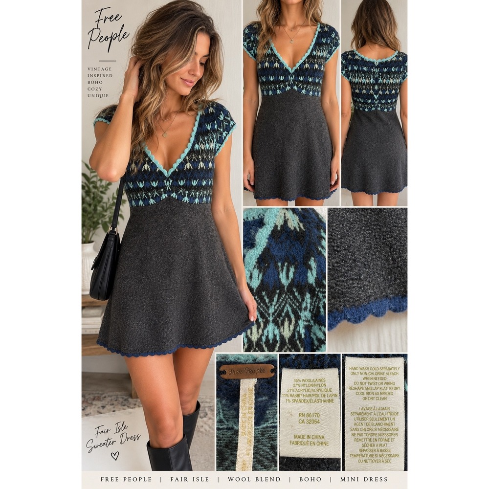 Free People Womens Fair Isle Wool Blend Sweater Dress Blue Gray Boho Mini